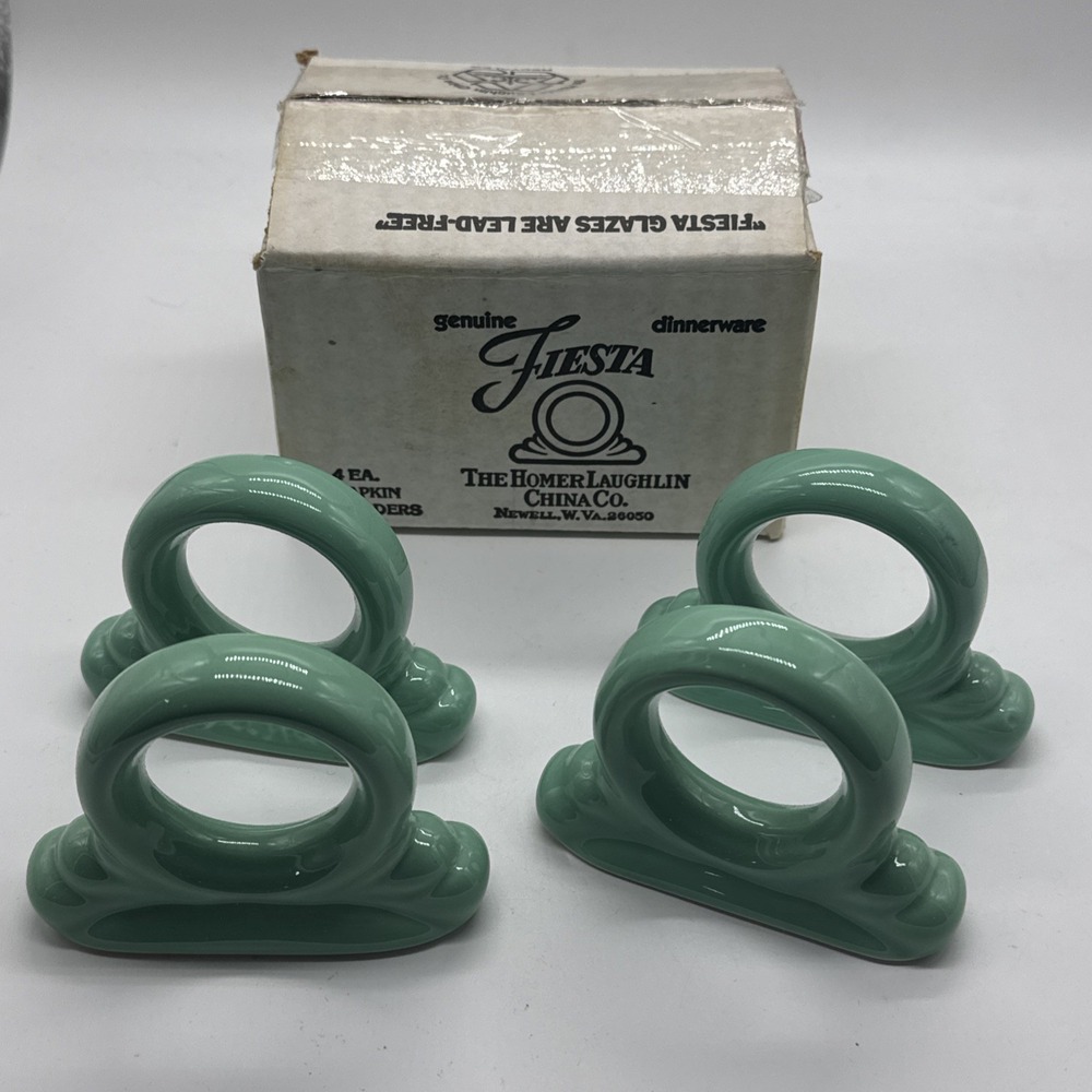 Set Of 4 Fiestaware Ceramic Napkin Rings Seamist Green 2.5" X 3.5" Original Box